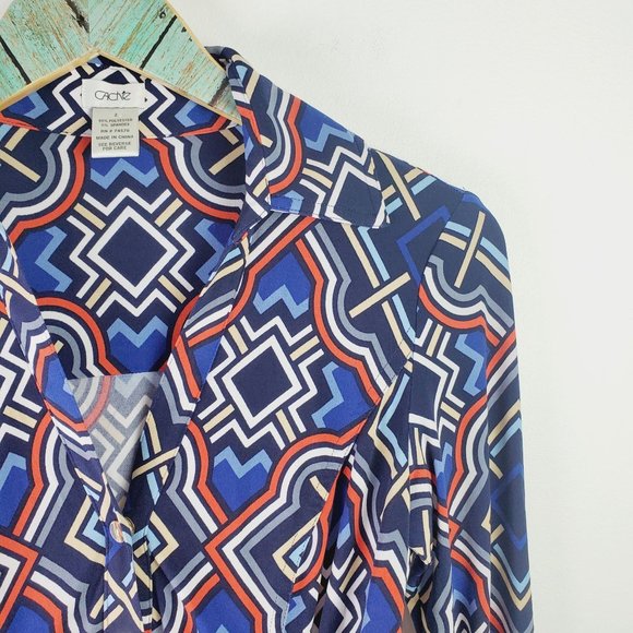 Vintage Cache Full Print Geometrical Belted Full Snap Front Dress XS - Picture 4 of 11